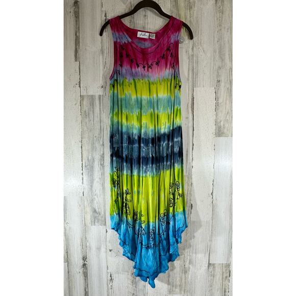 J Gee Tank Midi Dress One Size Multicolor Rainbow Tie Dye Gauzy Embroidered - Picture 1 of 9